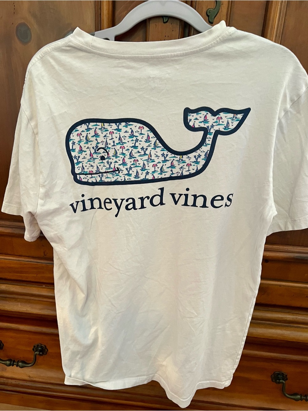 Vineyard Vines White Tee with Navy-Outlined Whale and Multicolor Nautical Fill